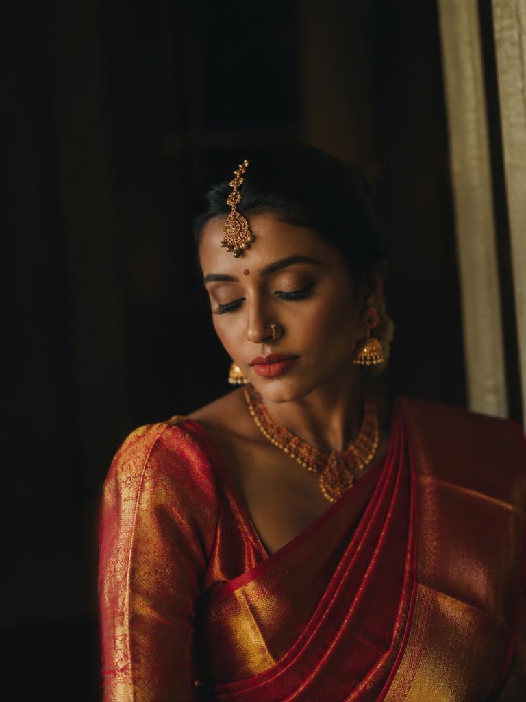 Bride in red Kanjivaram silk with eyes closed in window light