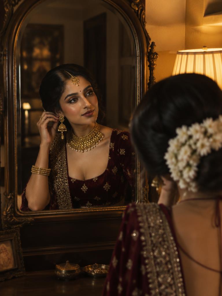 Bride checking her look in a vintage mirror