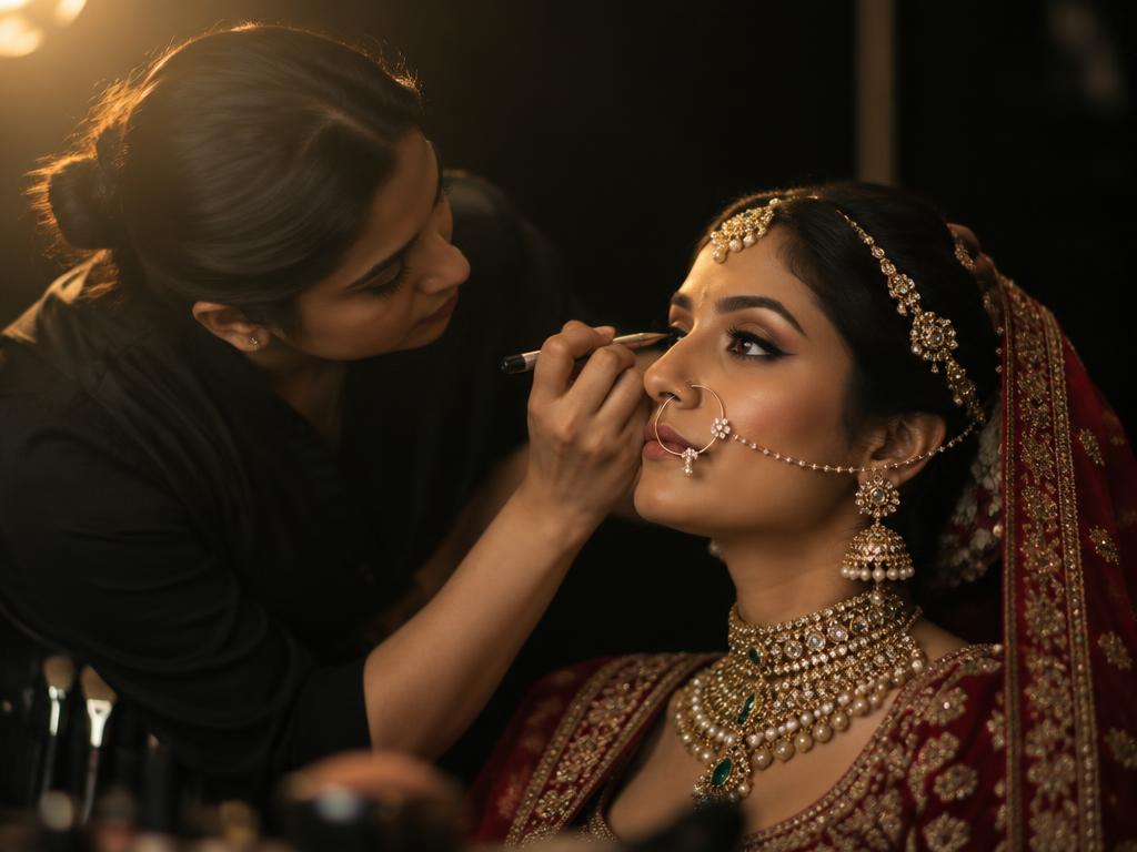 Artist lining a bride's eyes in the studio