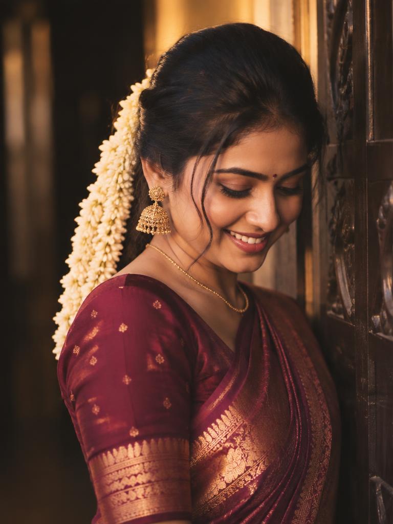 Smiling bride with jasmine in her hair by a carved door