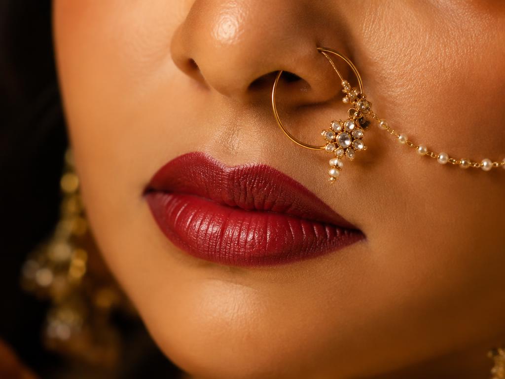 Berry lips and a gold nath