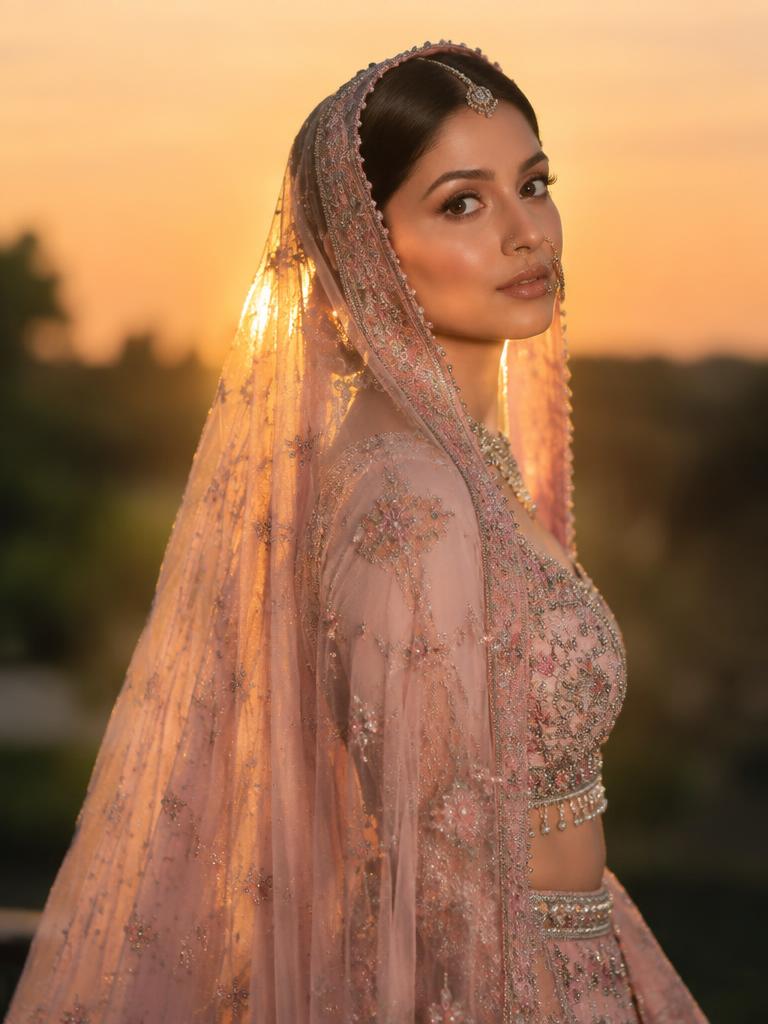 Bride in a blush lehenga backlit at sunset