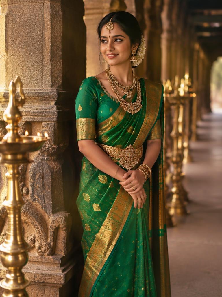 Bride in emerald silk in a temple corridor with brass lamps