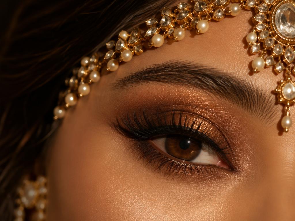 Bronze eye makeup under a pearl matha patti