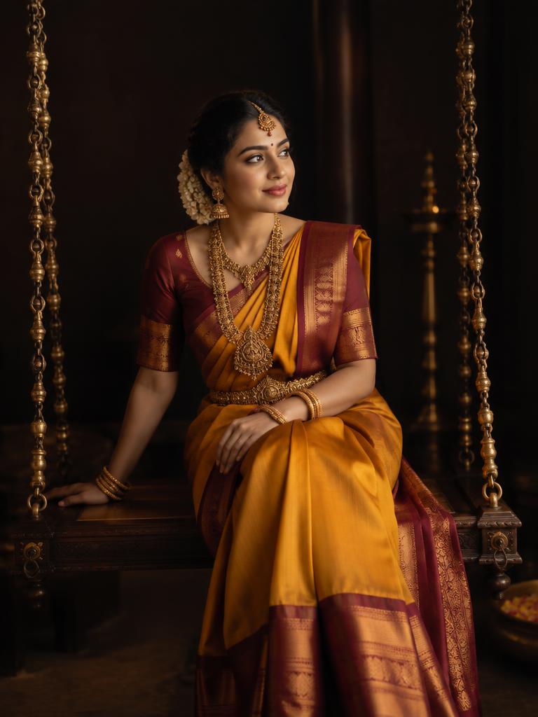 Bride in mustard Kanjivaram on a wooden swing