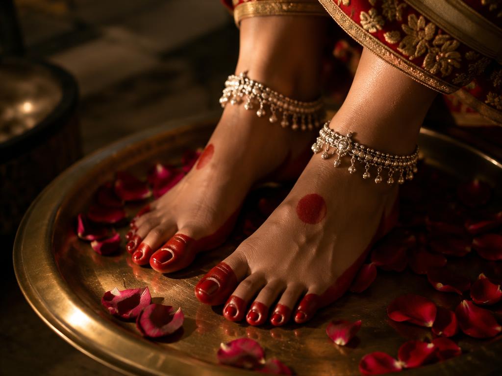 Bride's feet with alta and silver anklets on a brass plate