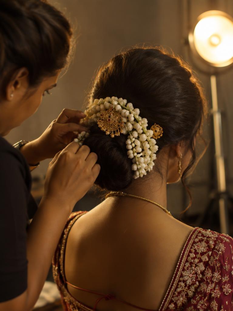 Jasmine being pinned into a bridal bun