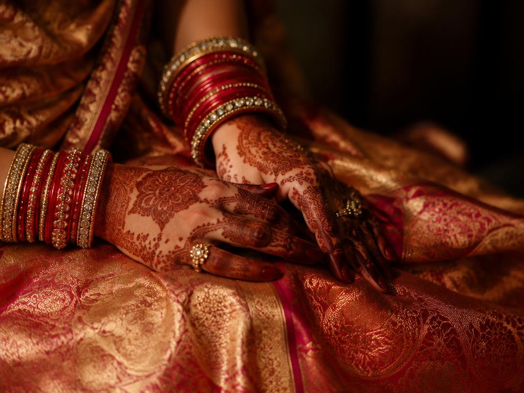 Hennaed hands with red bangles on silk