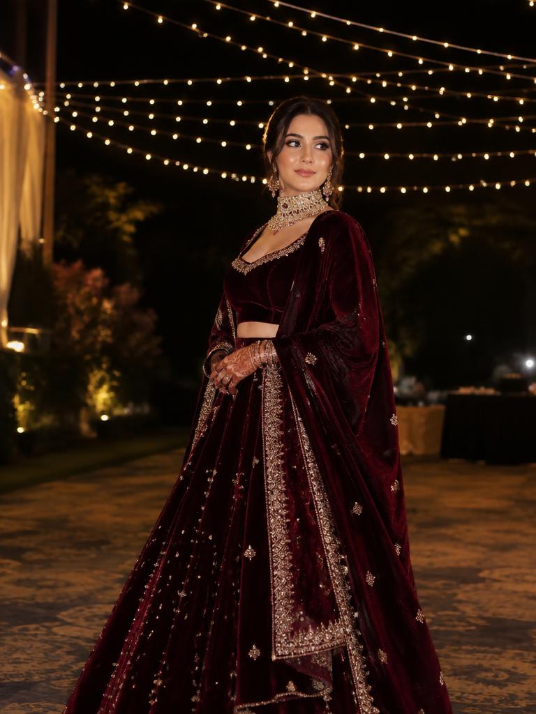 Bride in maroon velvet under evening lights