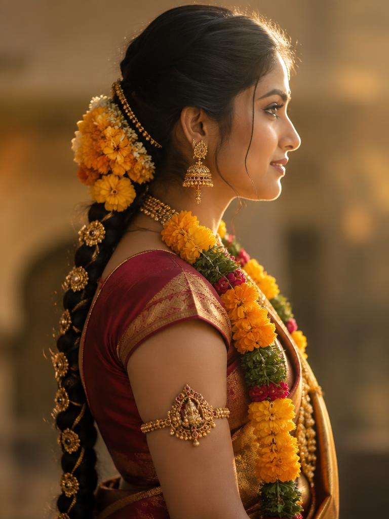 Bride in profile with marigold garland and jadai braid