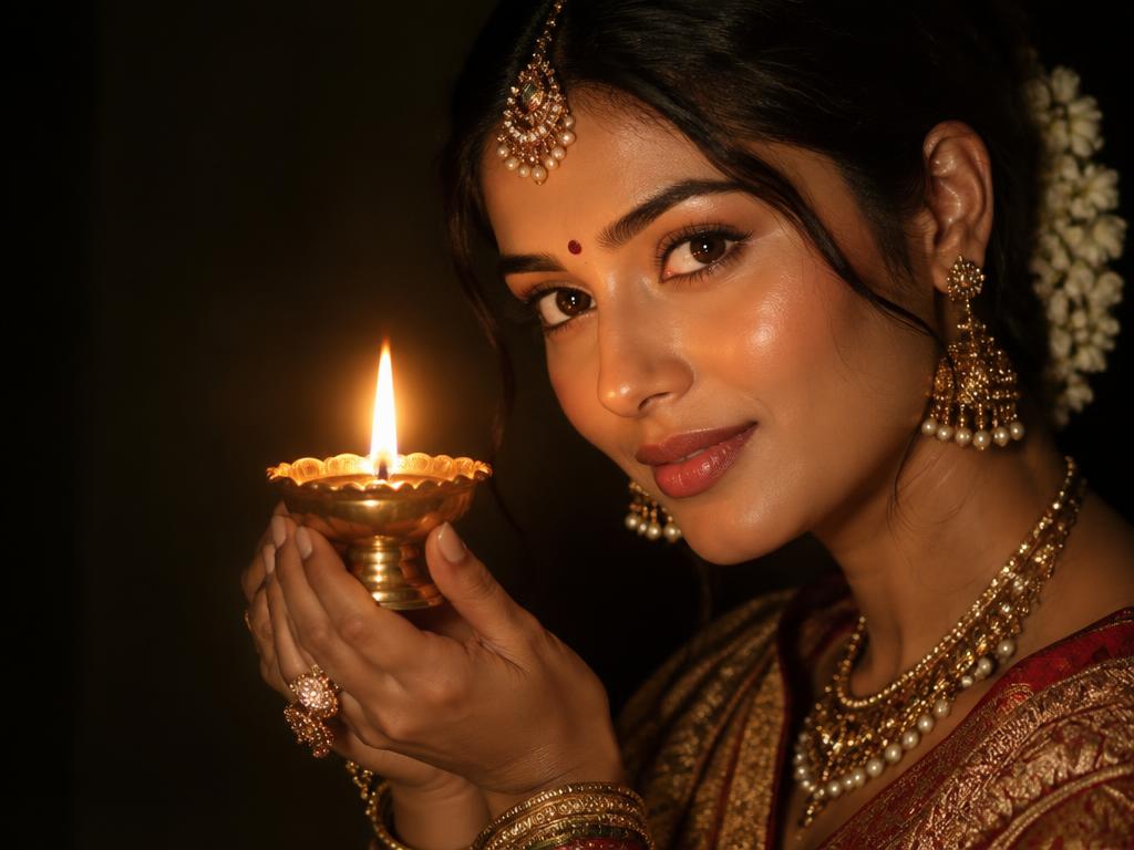 Bride holding a lit brass diya