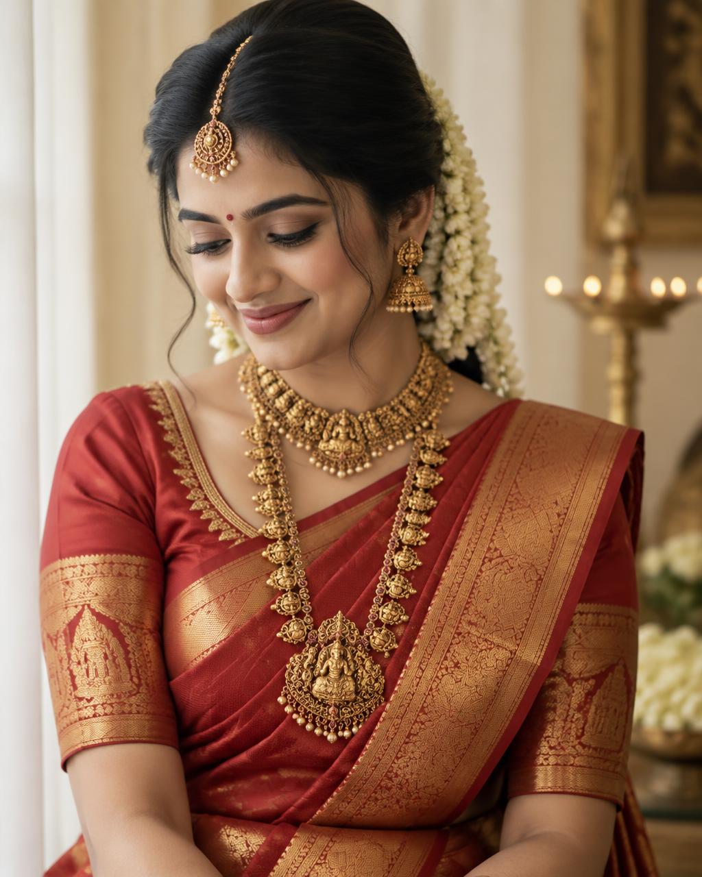 Muhurtham bride in red Kanjivaram silk and temple jewellery