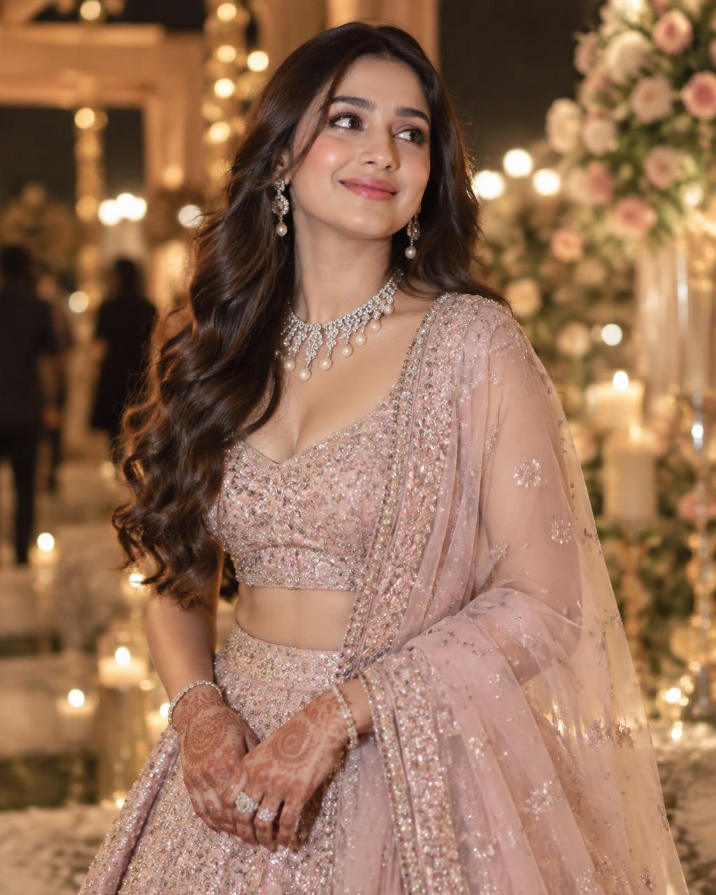 Reception bride in a blush embellished lehenga