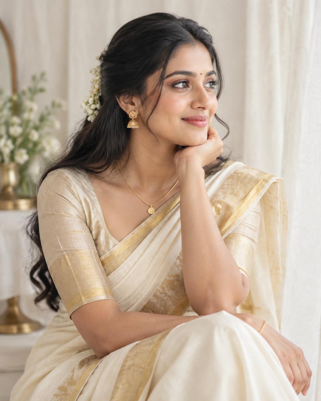 Bride in an ivory and gold saree at her trial session