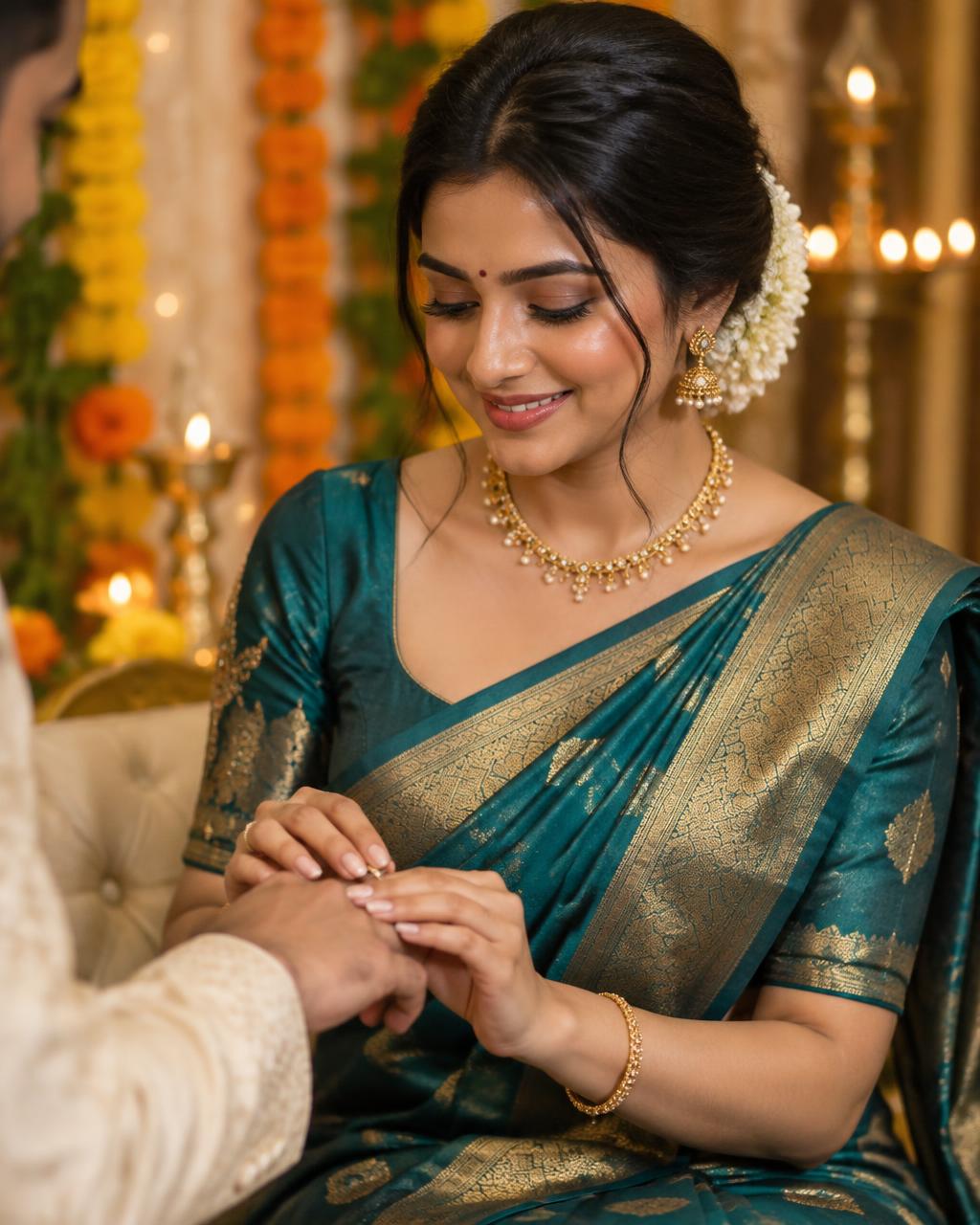 Engagement bride in a teal silk saree during the ring ceremony