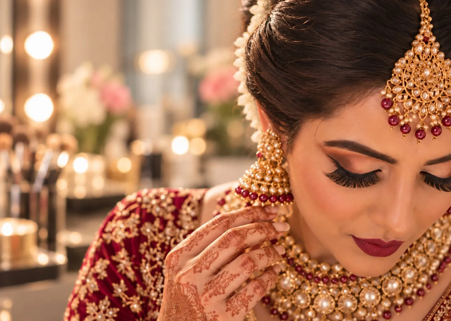 Ruby jhumka being adjusted beside finished eye makeup