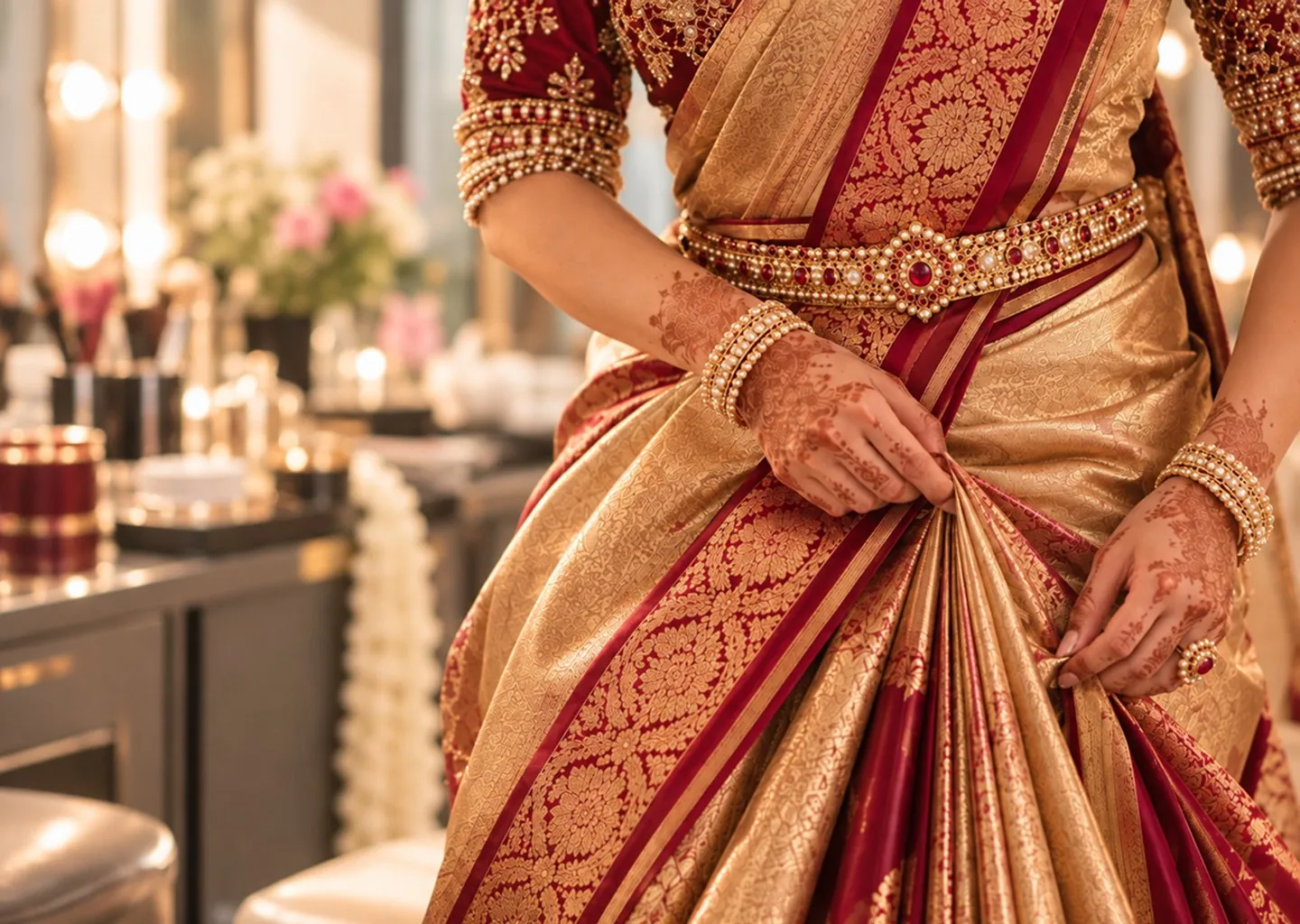 Hand-pleated silk saree with a ruby waist belt
