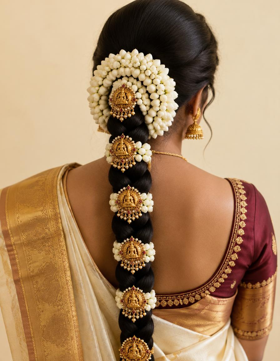 Braided hair with jasmine and gold jadai ornaments