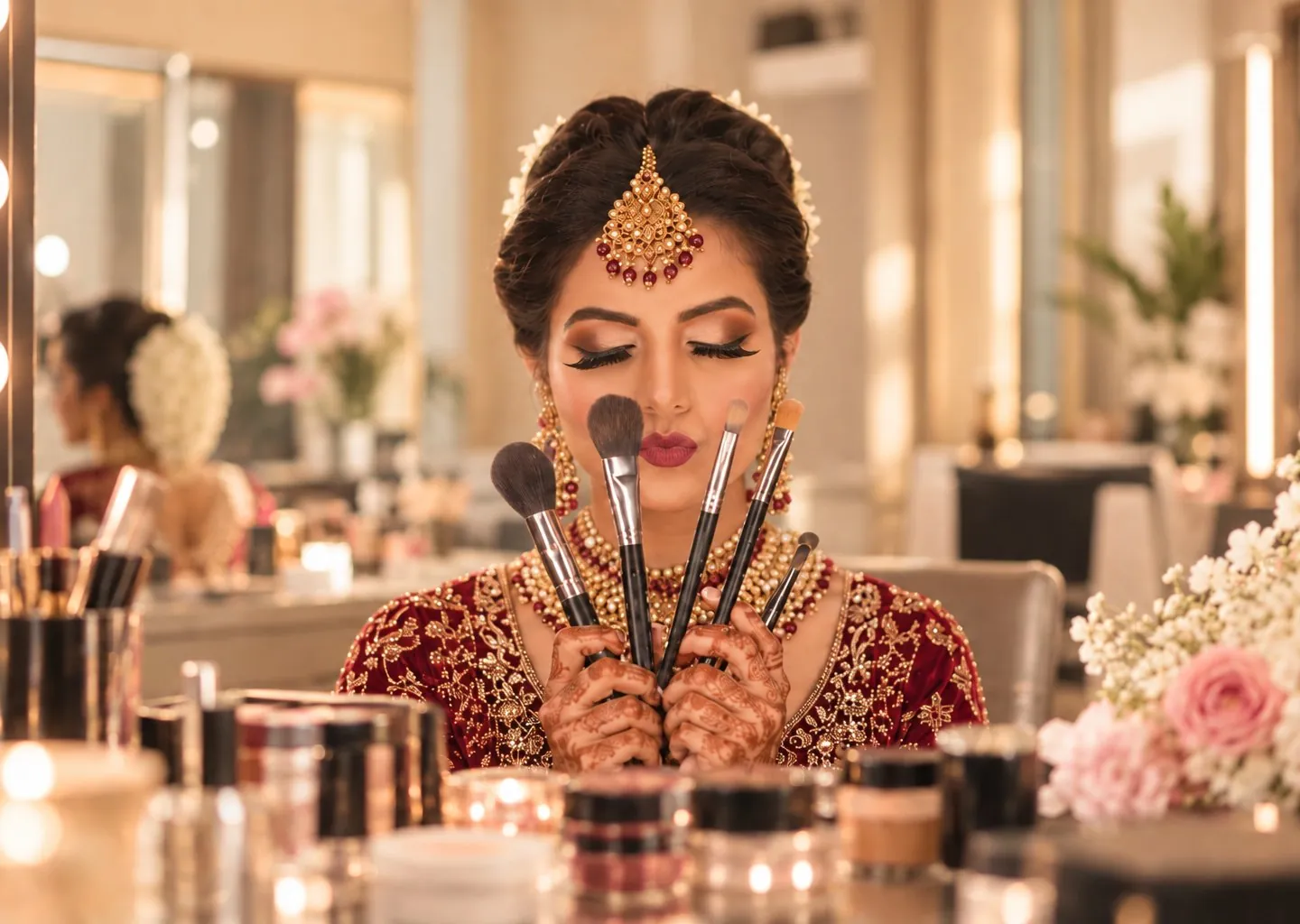 Bride holding makeup brushes at the studio mirror